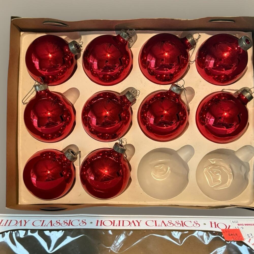 VTG Christmas Ornaments Original Box 60s Glass Bradford USA Red Lot 10 Metal